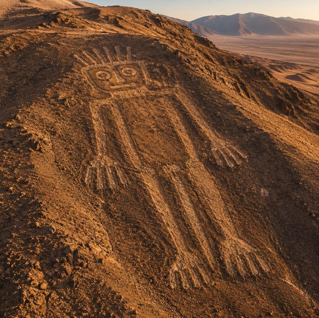 Aerial view of an ancient geoglyph on a desert hillside in northern Chile