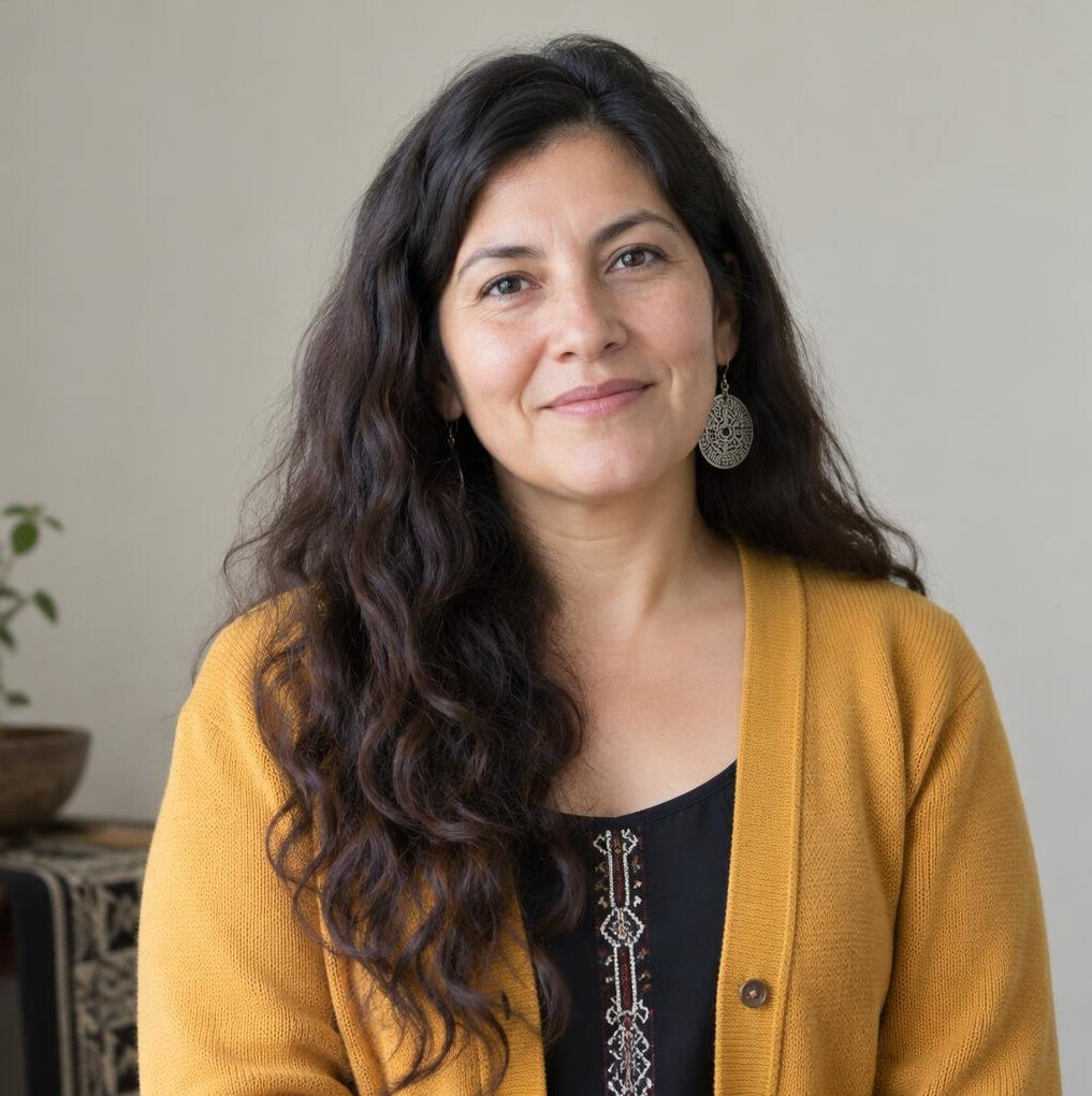 Portrait of a Chilean woman folklorist with long wavy brown hair