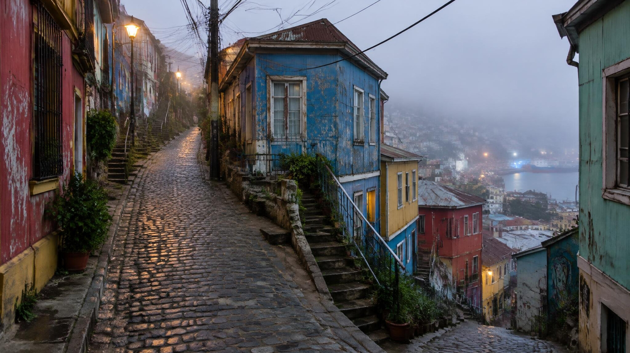 Foggy narrow street on a colorful hill in Valparaiso, Chile